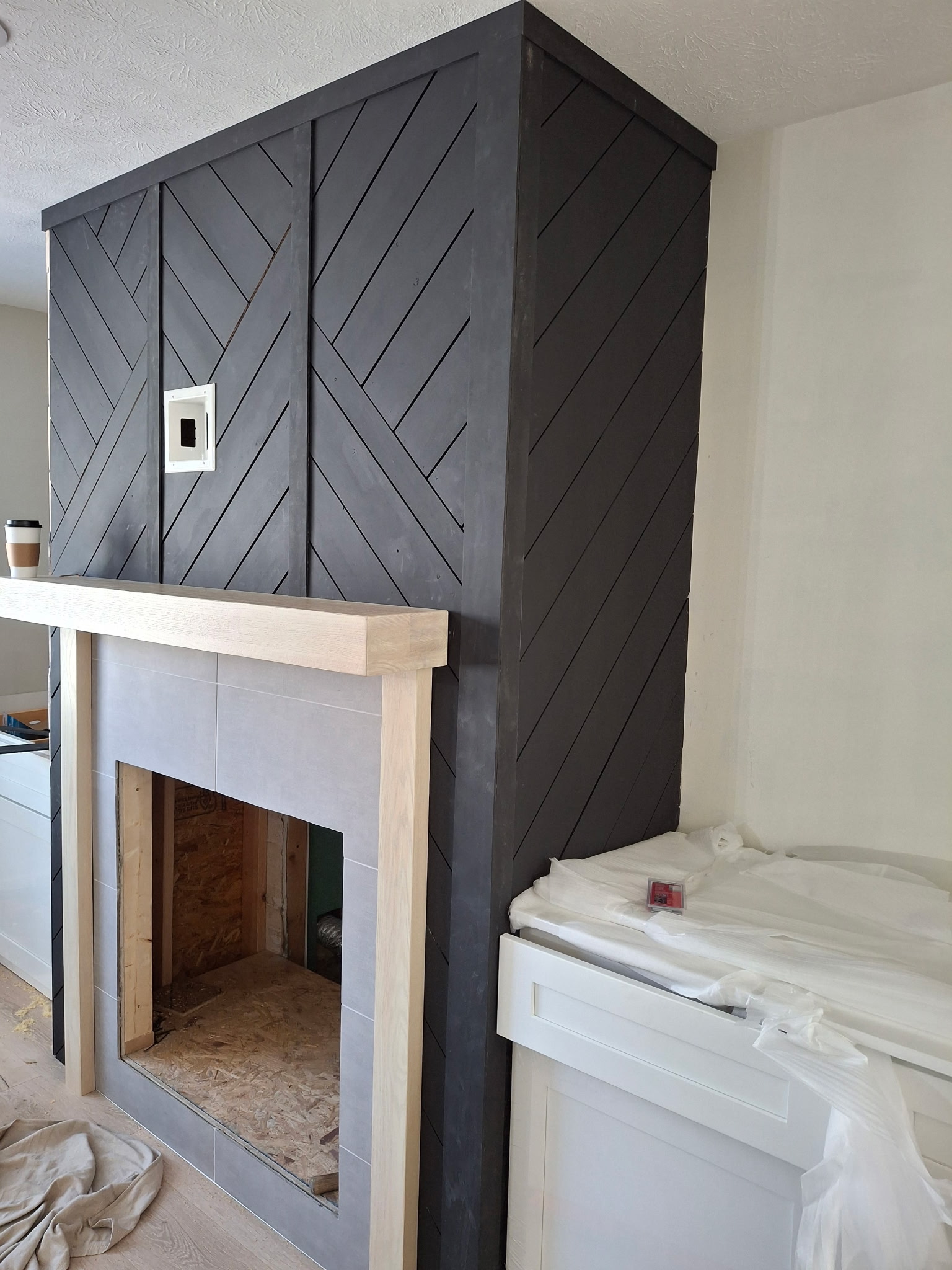 Chevron Accent Wall with Fireplace